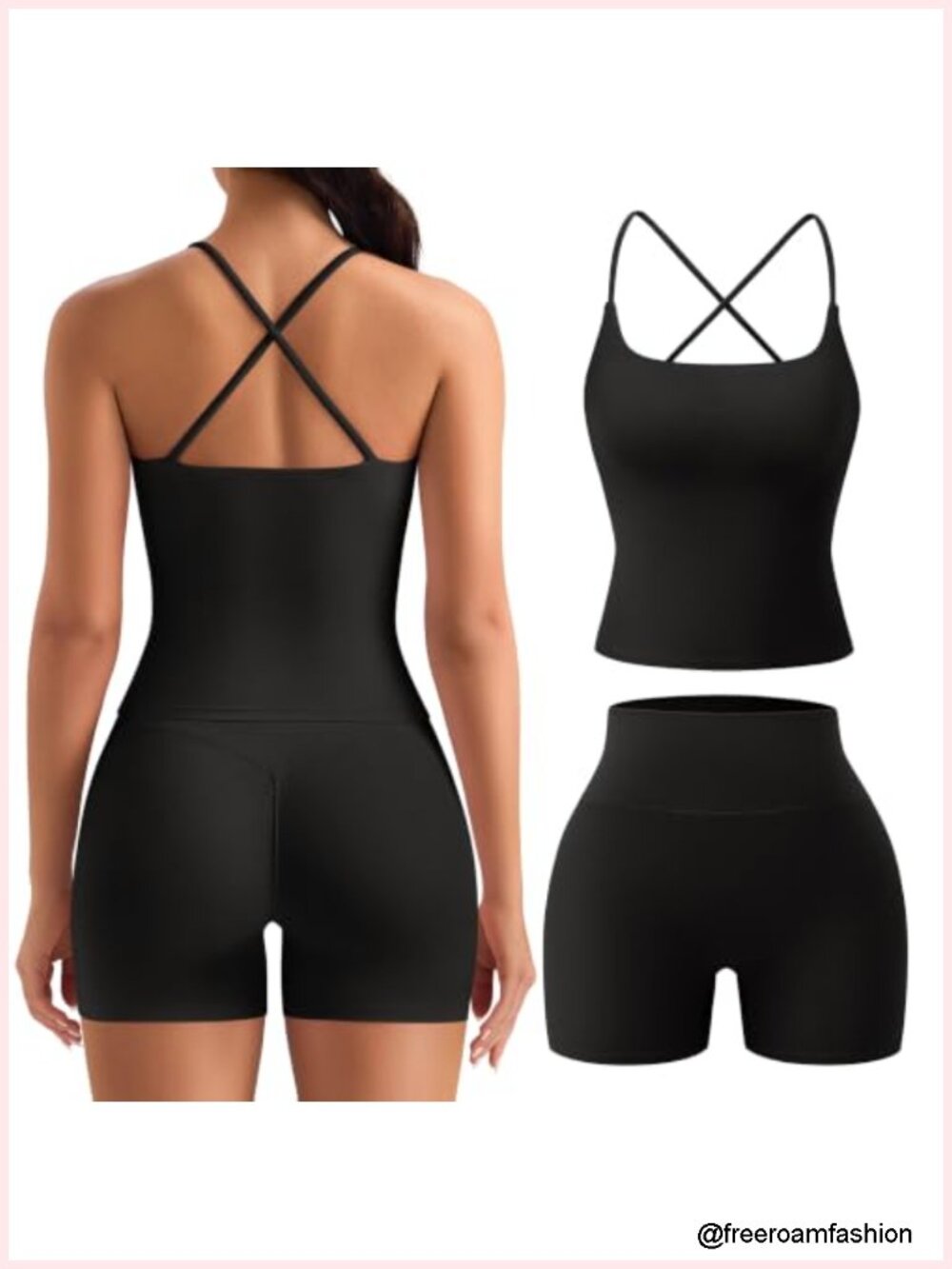 2 Piece Workout Set Square Neck Strappy Tank Top High Waist Scrunch Butt Shorts